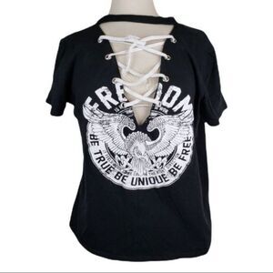 American Rebel Lace up‎ Freedom Distressed Tee Size Large Black/White